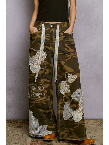 Floral Patches Butterfly Patchwork Camo Pants By Pol