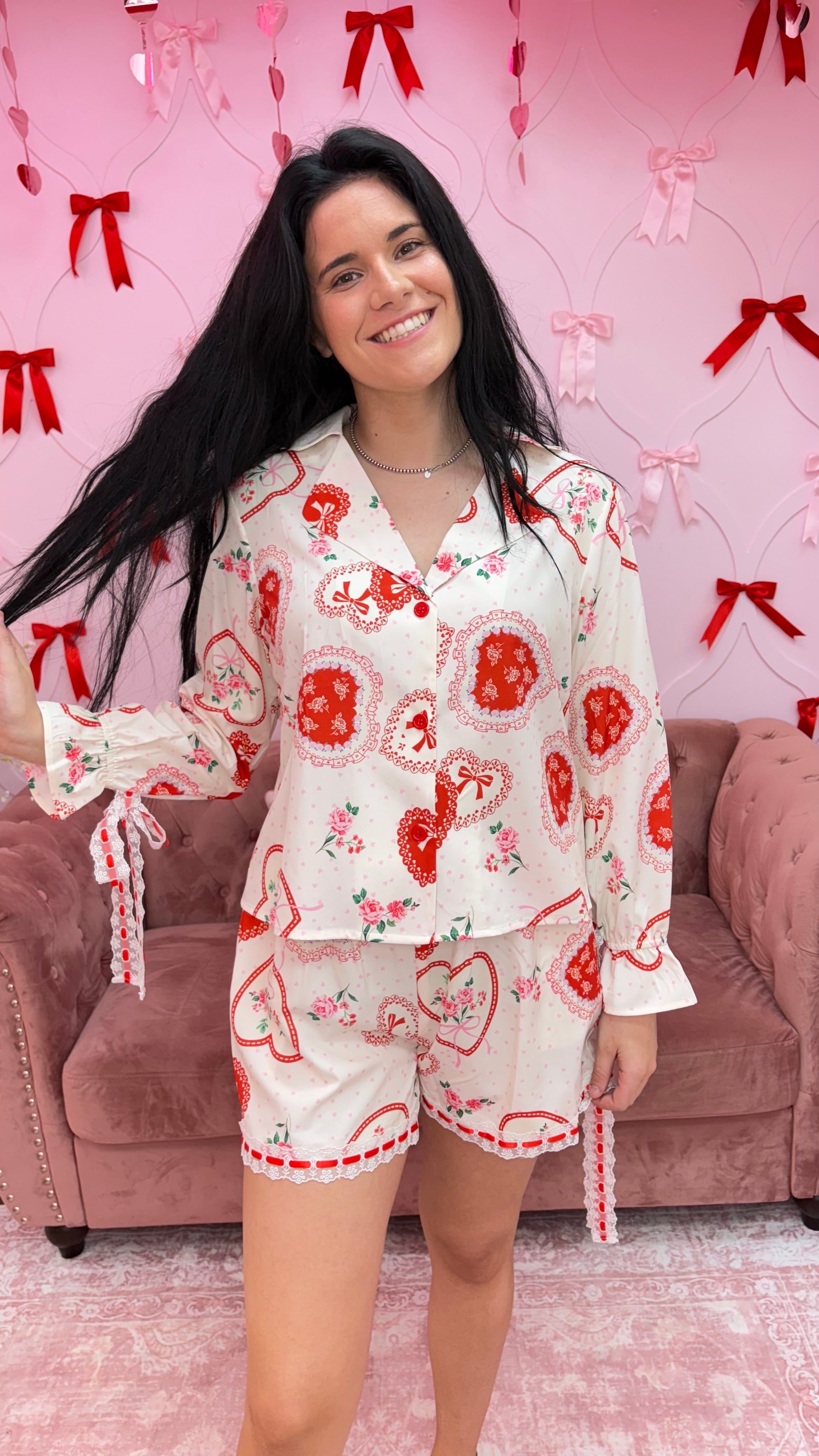 2pcs Set Heart Print Satin Pajama Top and Short