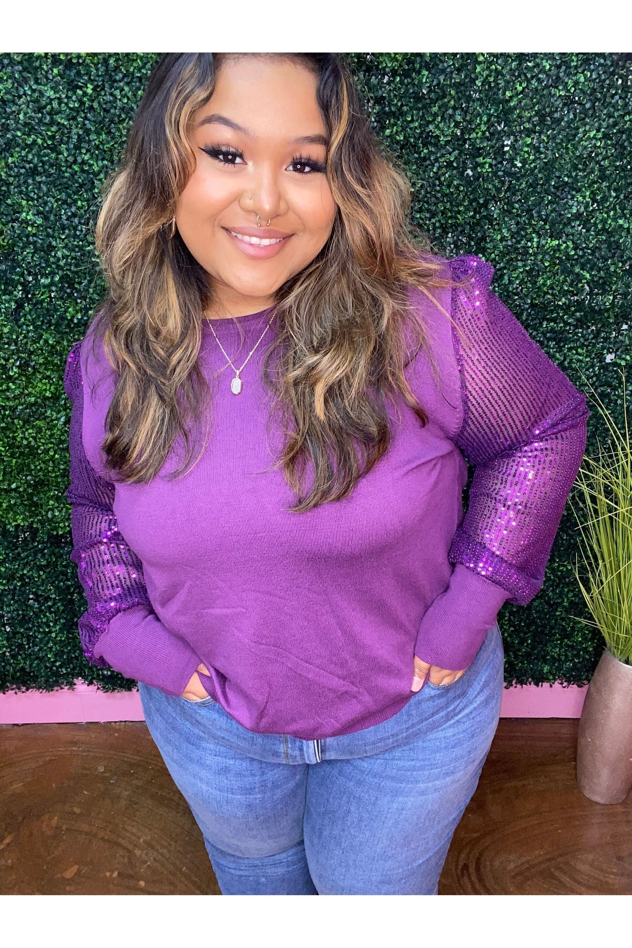 Round Neckline Sequined Long Sleeve Knit Top (Curvy only)
