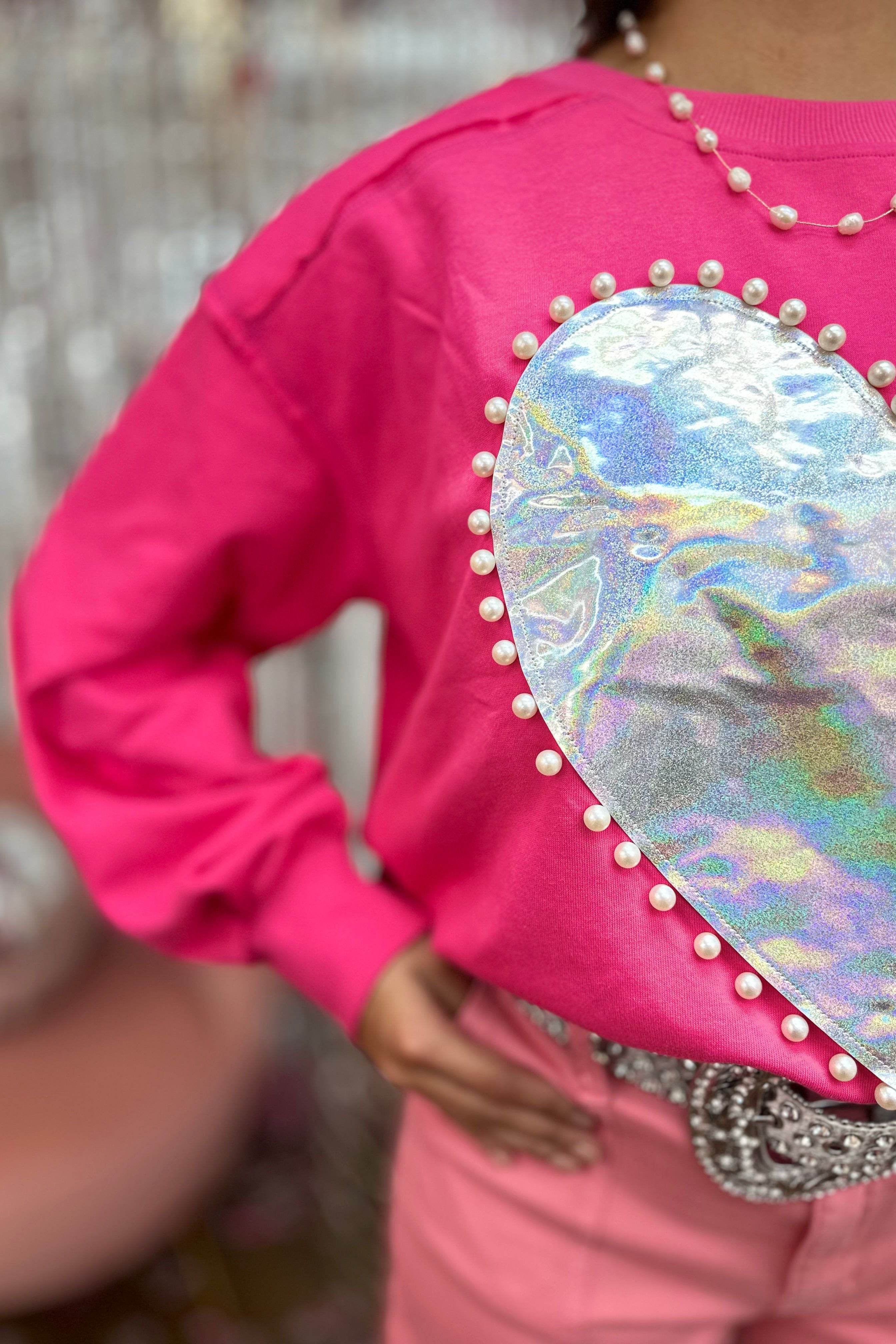 Pearl Edged Metallic Heart Pullover