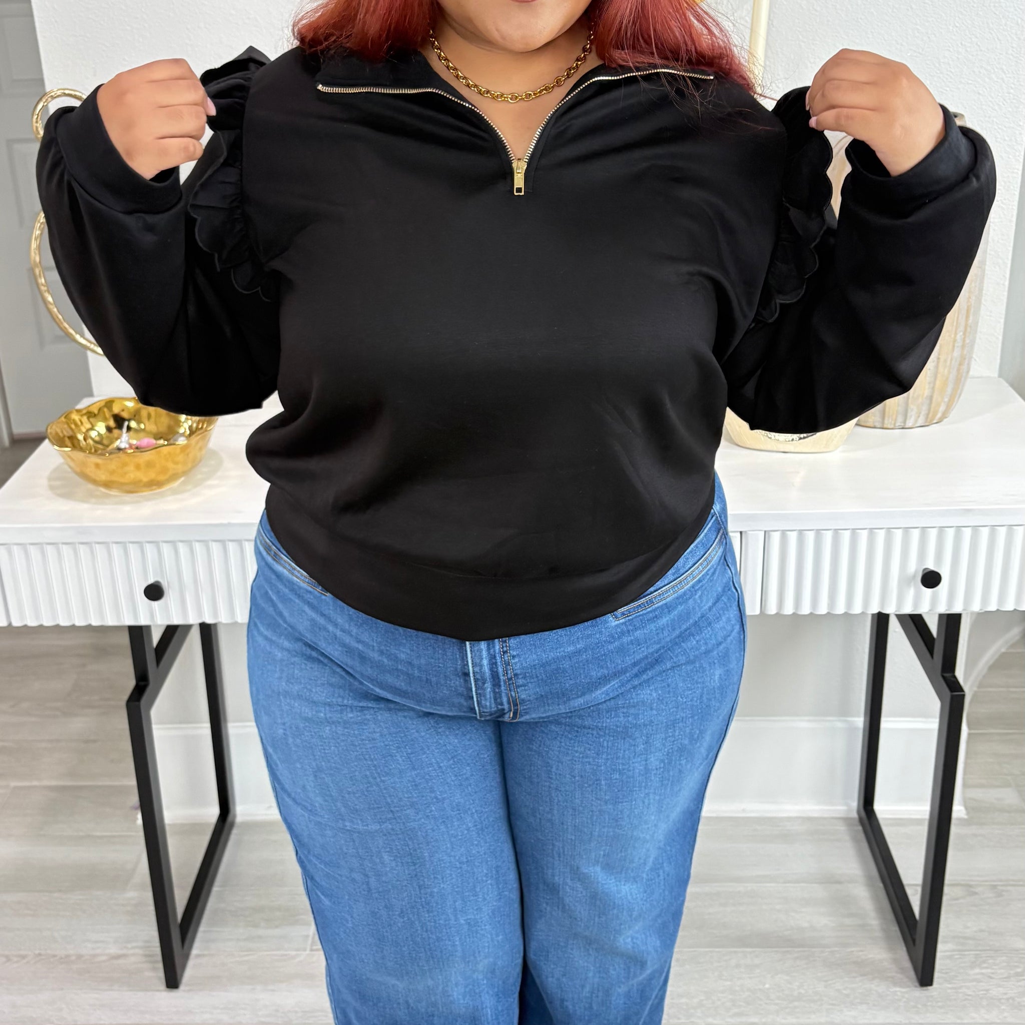 Plus Size Luxeknit Ruffle Shoulder Quarter-Zip Pullover By Umgee