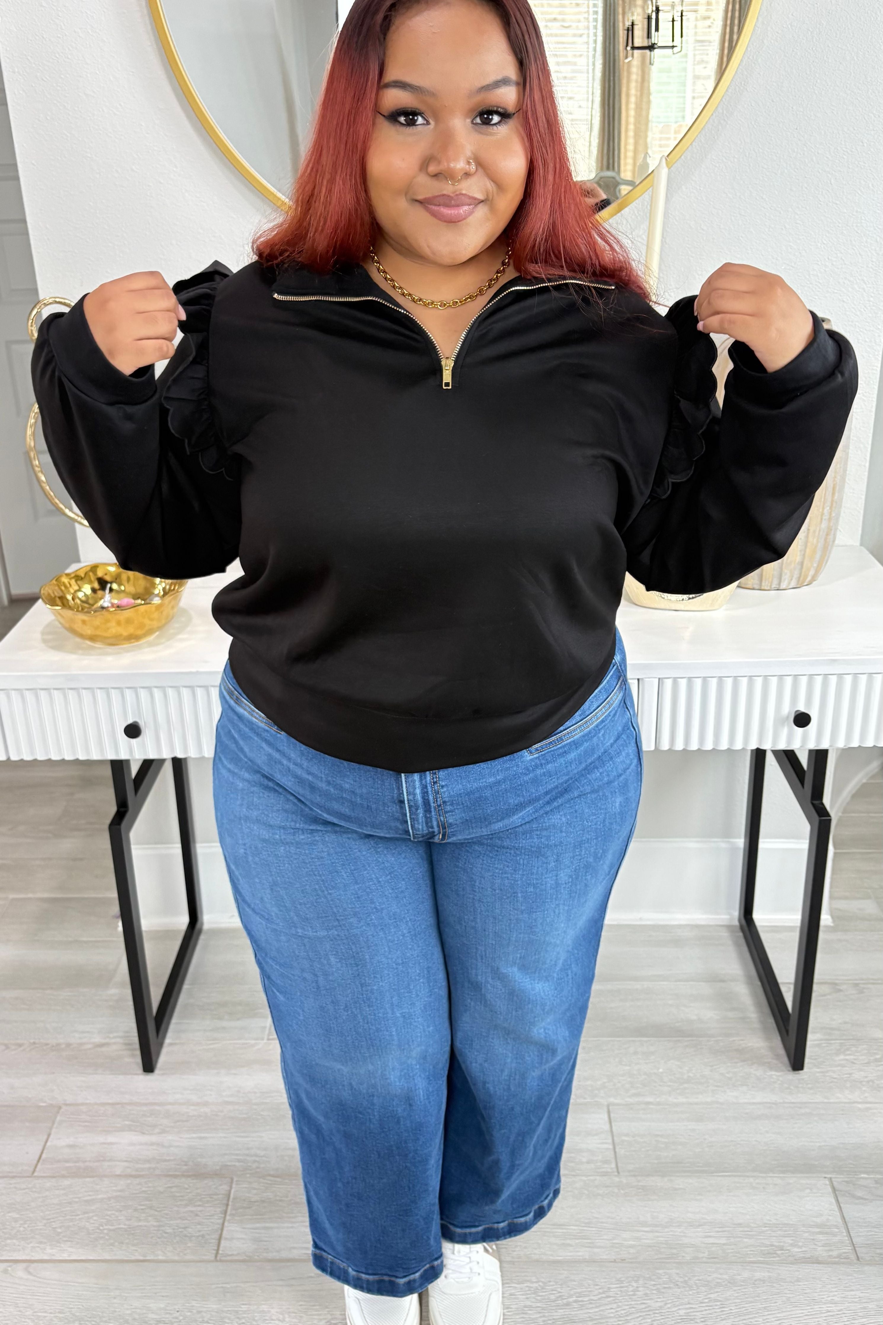 Plus Size Luxeknit Ruffle Shoulder Quarter-Zip Pullover By Umgee