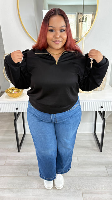 Plus Size Luxeknit Ruffle Shoulder Quarter-Zip Pullover By Umgee