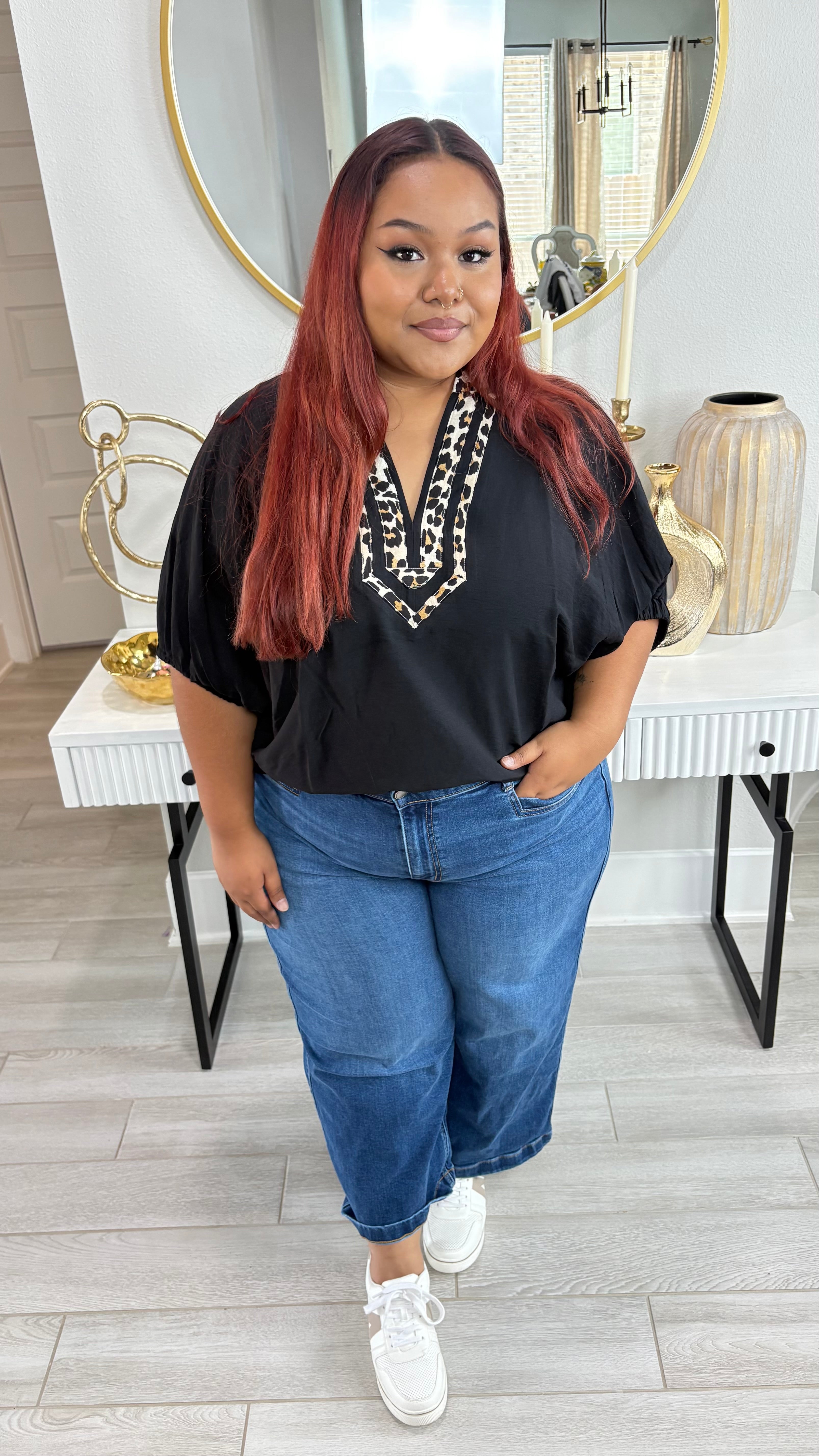 Leopard Caftan Neckline Dolman Top By Entro