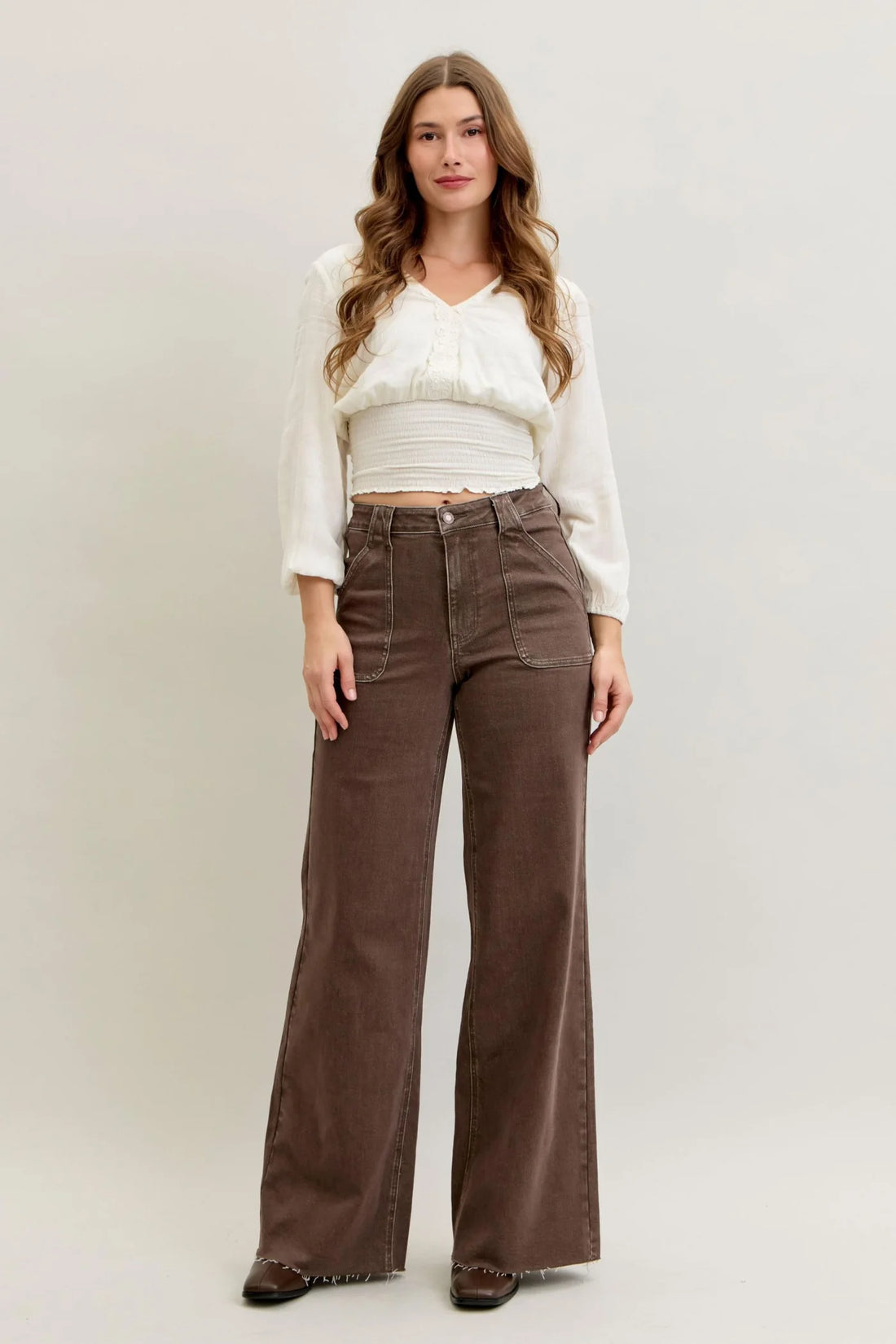 Judy Blue High Waist Retro Yarn Dyed Brown Front Patch Pockets Wide Leg Denim Jeans 881008