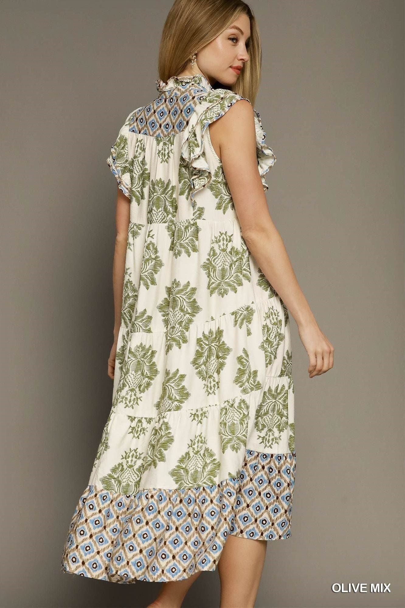 Ruffle Sleeve Olive Mixed Print Midi Dress By Umgee