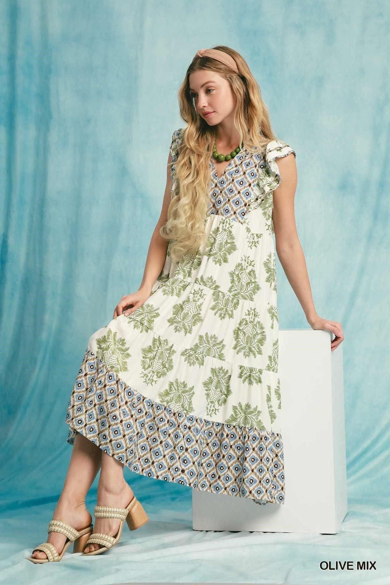 Ruffle Sleeve Olive Mixed Print Midi Dress By Umgee