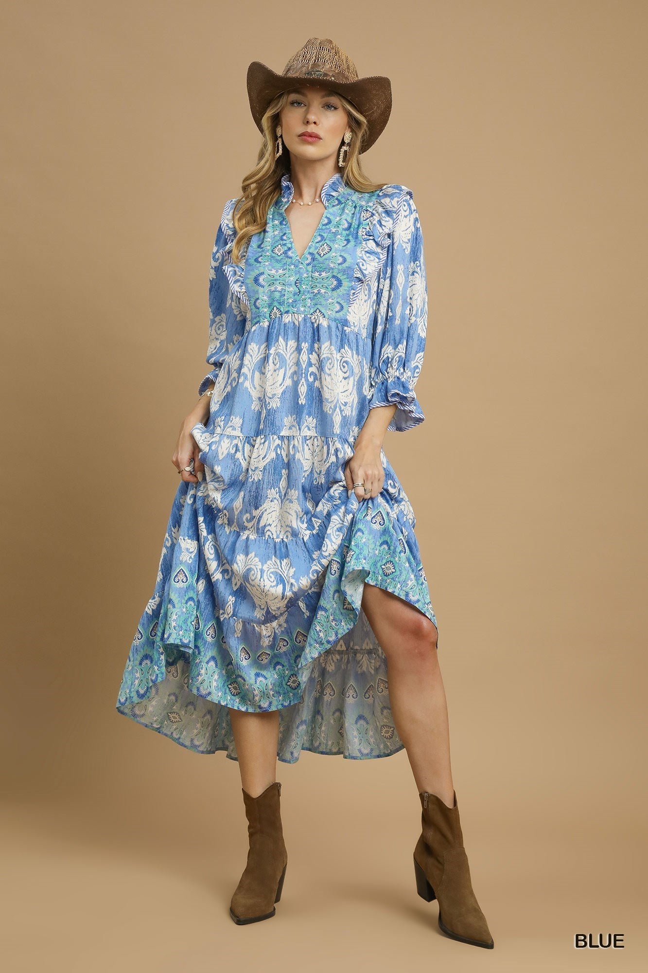 Plus Size Damask Ruffle Sleeve Midi Dress By Umgee