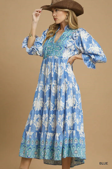 Plus Size Damask Ruffle Sleeve Midi Dress By Umgee