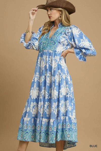 Plus Size Damask Ruffle Sleeve Midi Dress By Umgee