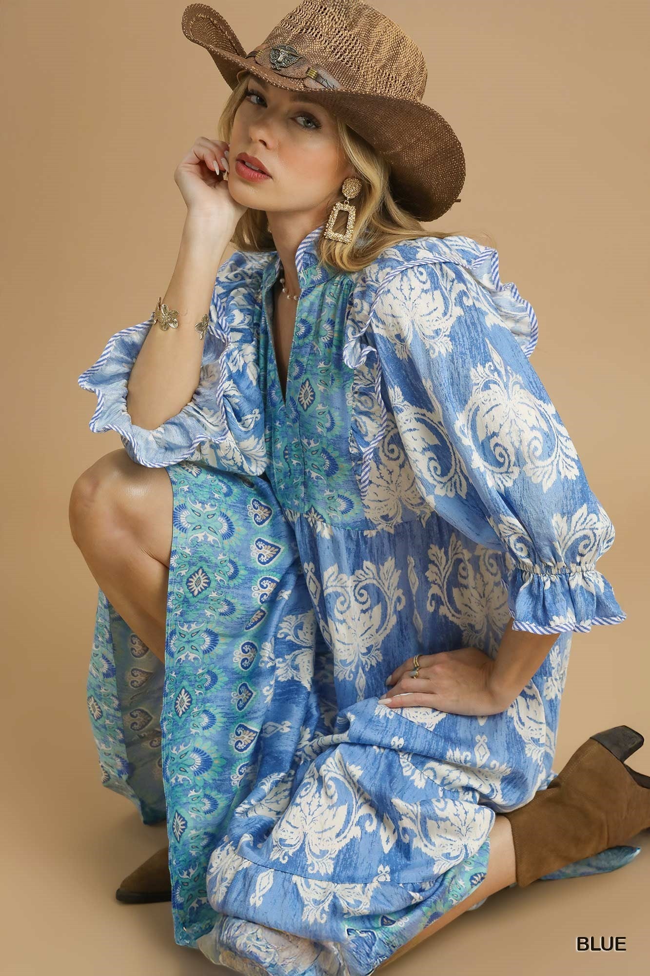 Plus Size Damask Ruffle Sleeve Midi Dress By Umgee