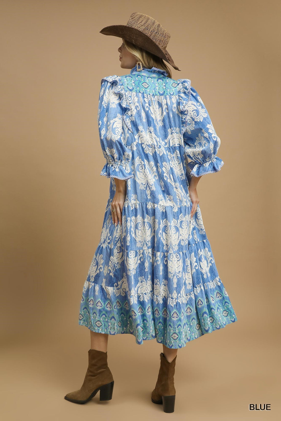 Plus Size Damask Ruffle Sleeve Midi Dress By Umgee