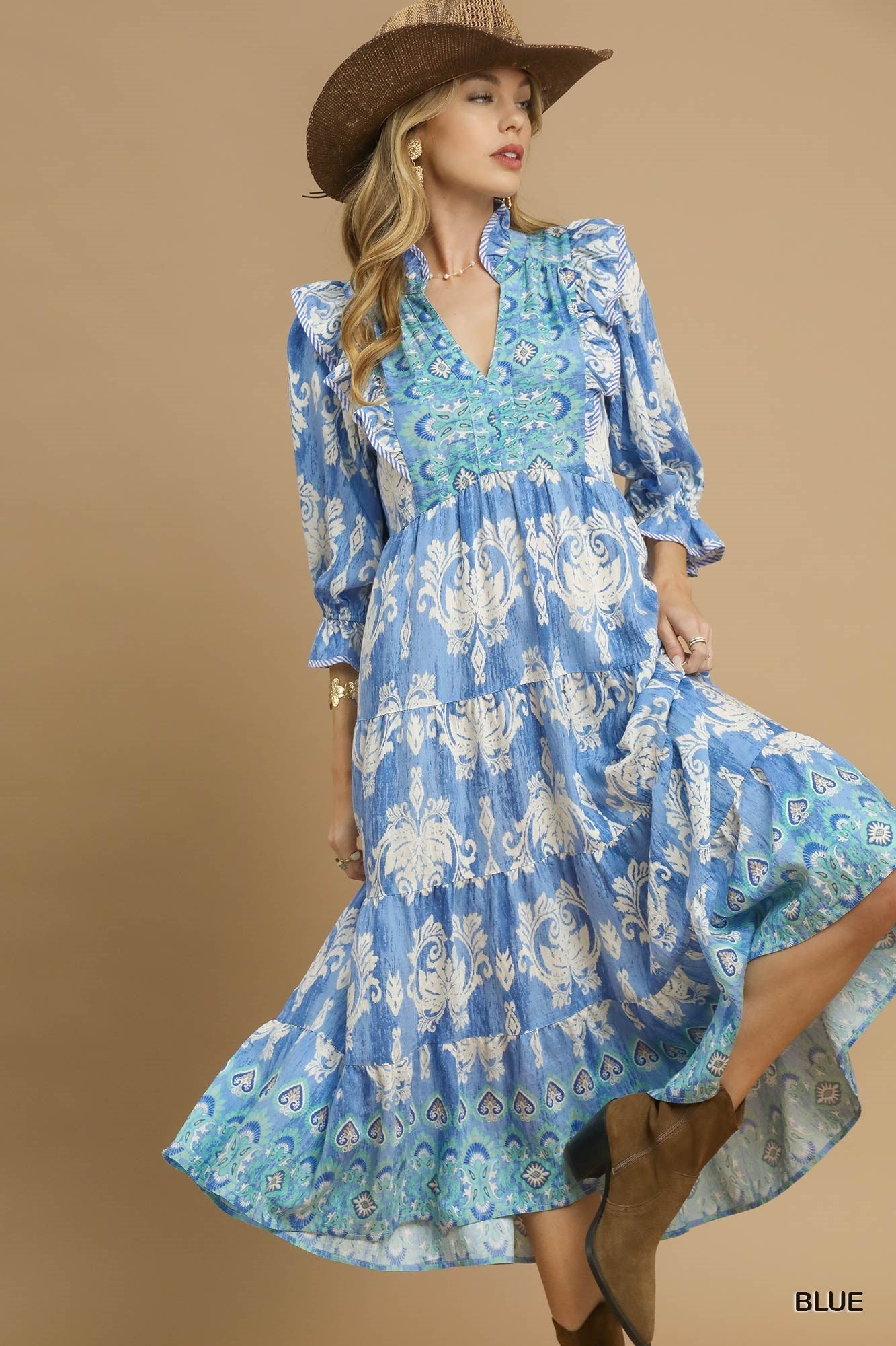 Plus Size Damask Ruffle Sleeve Midi Dress By Umgee