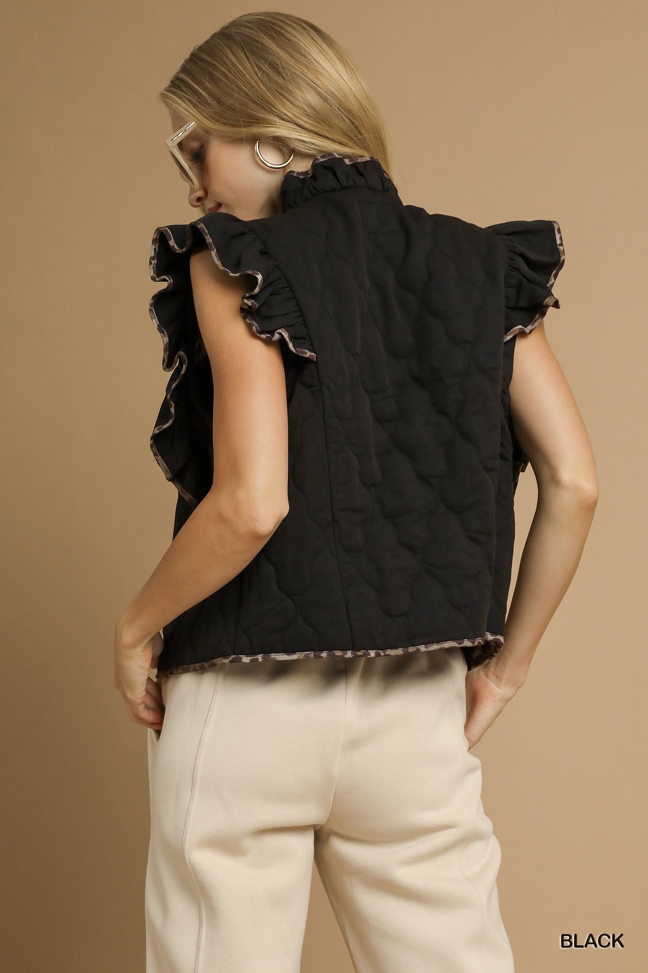 Quilted Ruffle Vest with Leopard Trim By Umgee