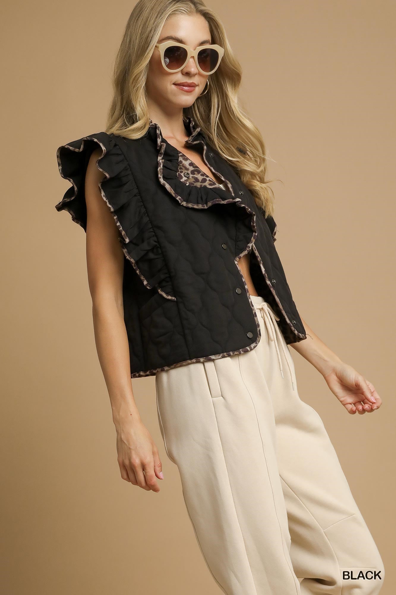 Quilted Ruffle Vest with Leopard Trim By Umgee