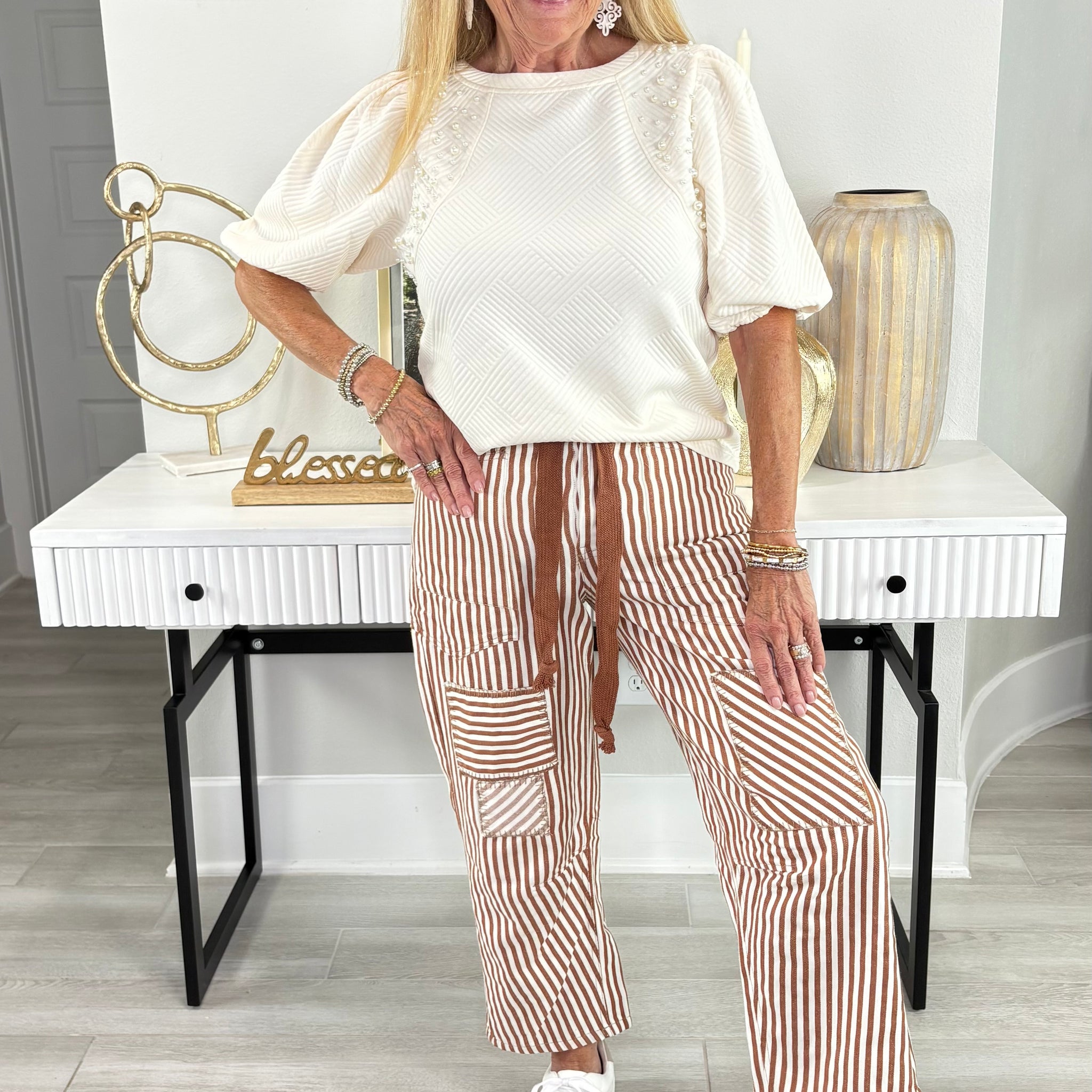 Pearl Puff Sleeve Jacquard Top By Umgee