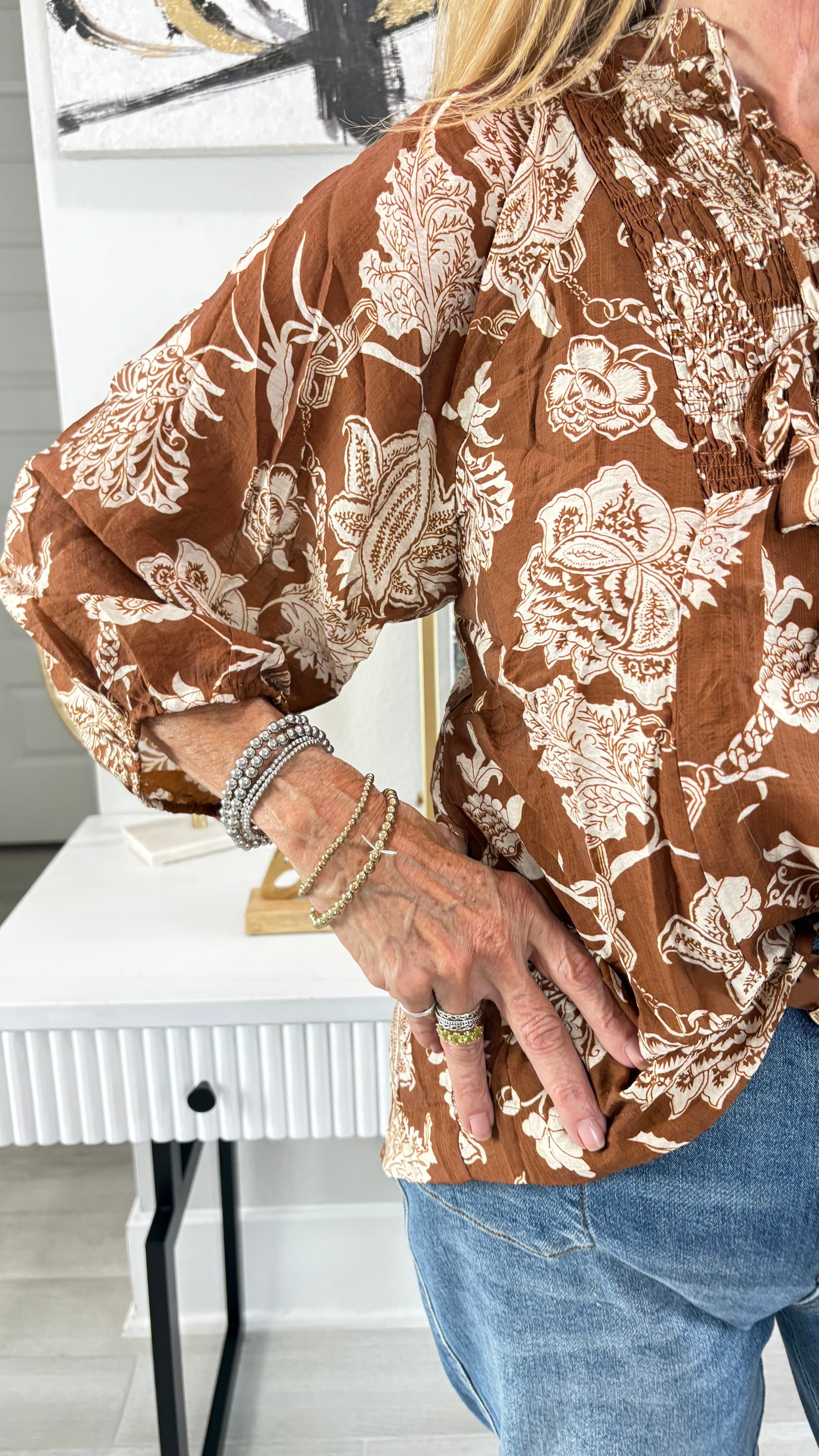 DG Two Tone Floral Print Boho Blouse By Umgee