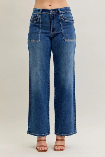 Judy Blue Mid Rise 90's Front Patch Double Pocket Straight Denim Jeans 82680