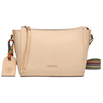 Tan bag with colorful strap 
