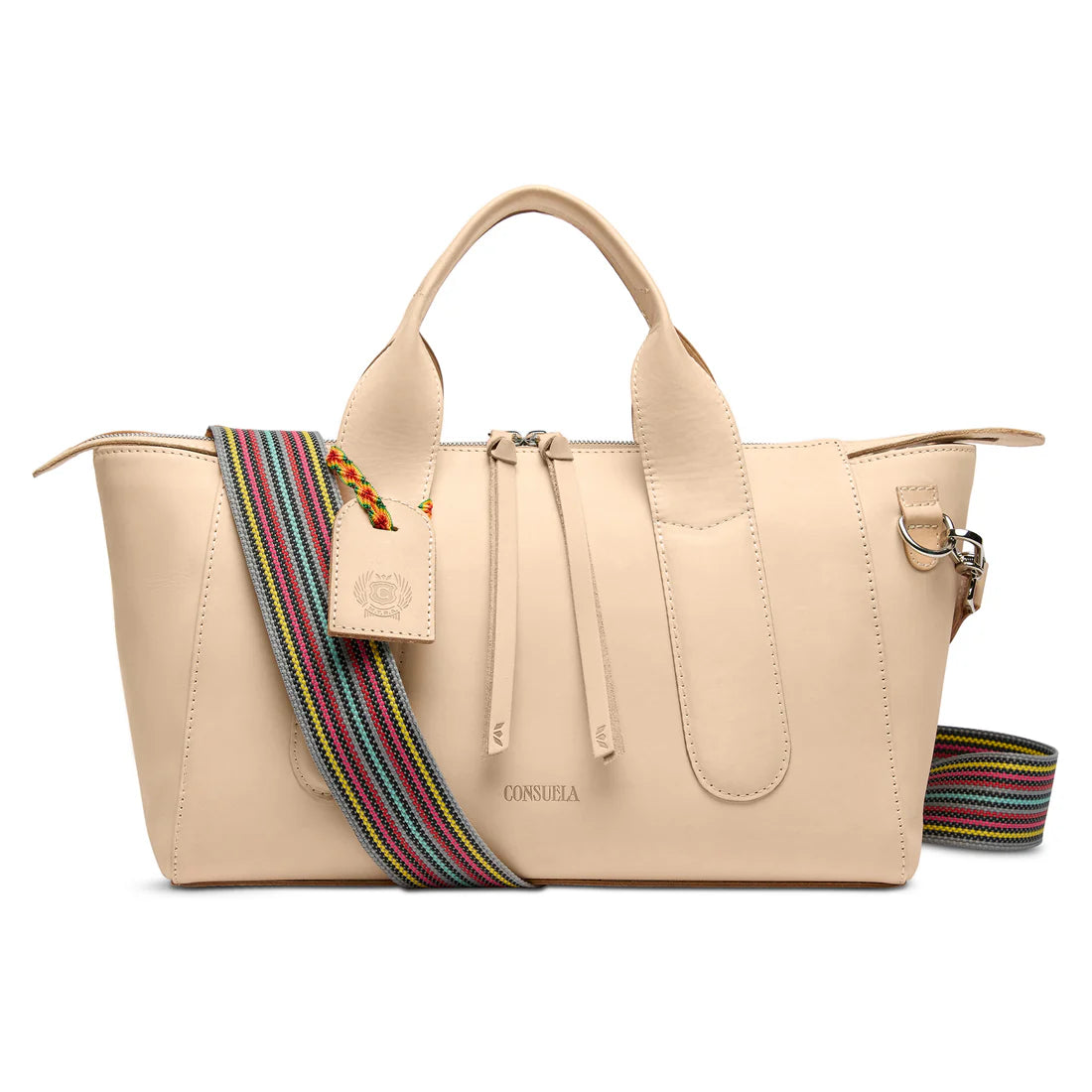 Beige leather satchel bag with dual top zippers, padded handles, and a colorful striped adjustable shoulder strap for versatile city style.
