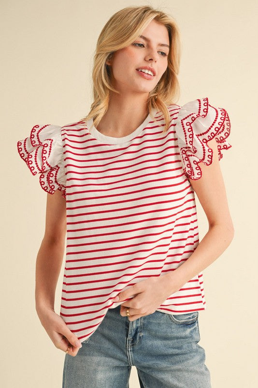 Cherry Picnic Flutter Sleeve Top By Jodifl