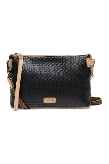 Black woven-texture Amy Midtown Crossbody bag with beige leather accents, multicolored striped strap, perfect for essentials