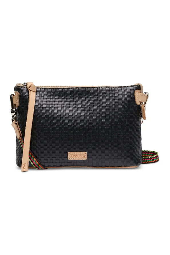 Black woven-texture Amy Midtown Crossbody bag with beige leather accents, multicolored striped strap, perfect for essentials