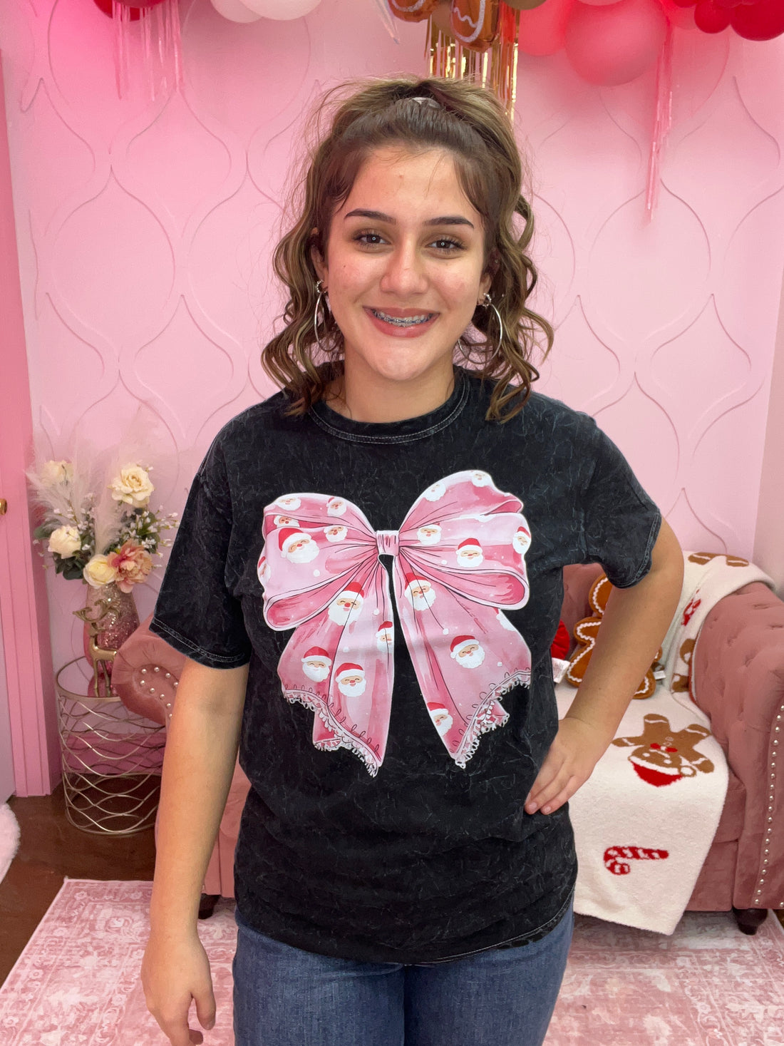 Coquette Mineral Wash Santa on Bow Graphic Tee