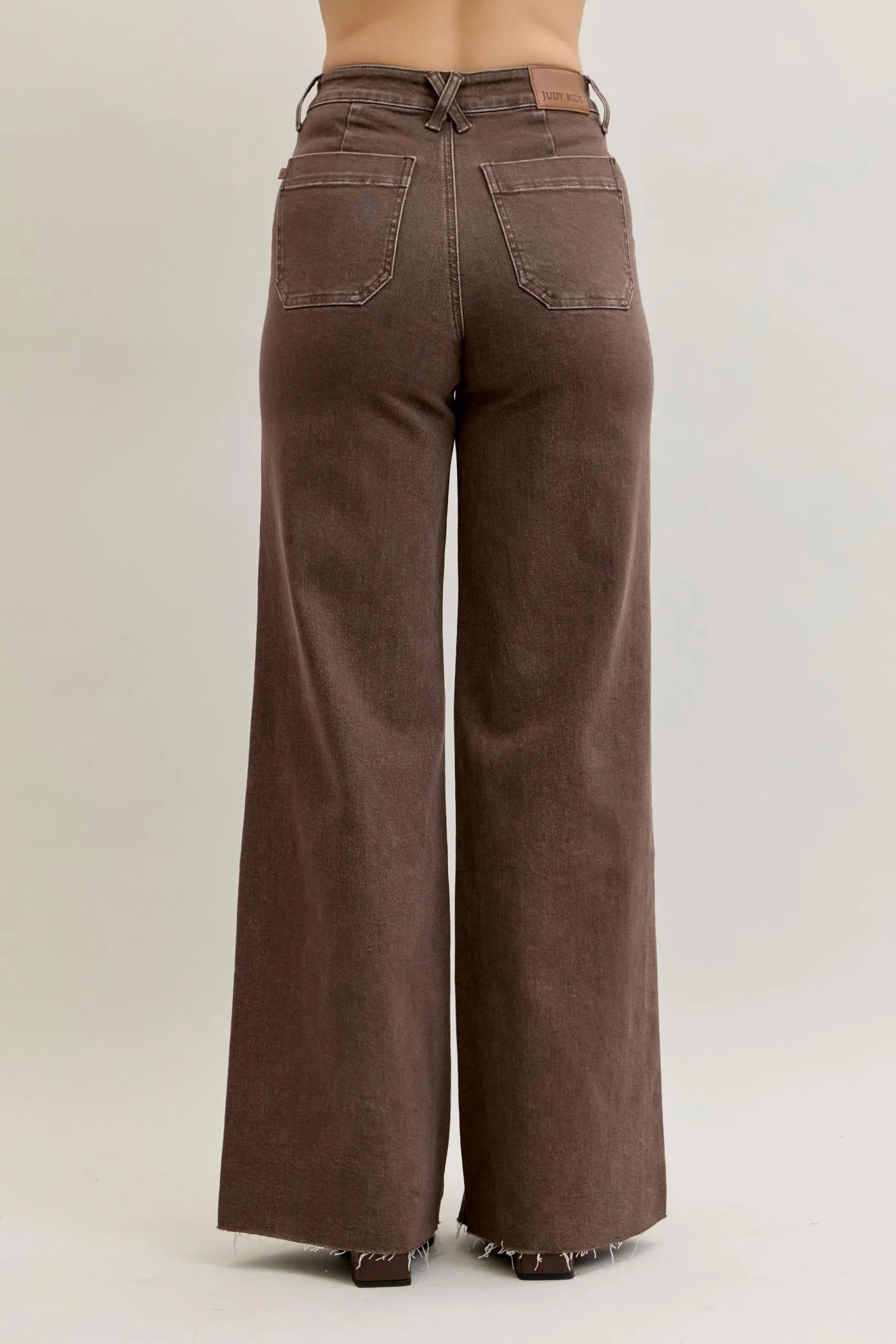 Judy Blue High Waist Retro Yarn Dyed Brown Front Patch Pockets Wide Leg Denim Jeans 881008