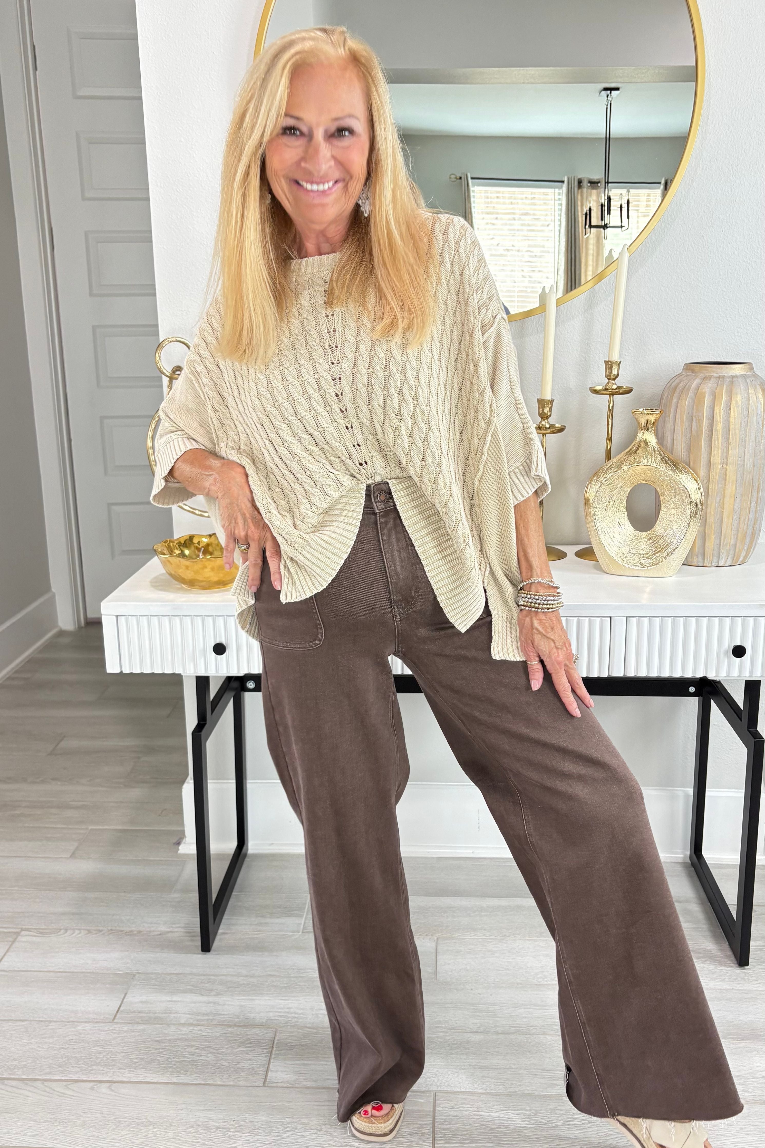 Judy Blue High Waist Retro Yarn Dyed Brown Front Patch Pockets Wide Leg Denim Jeans 881008