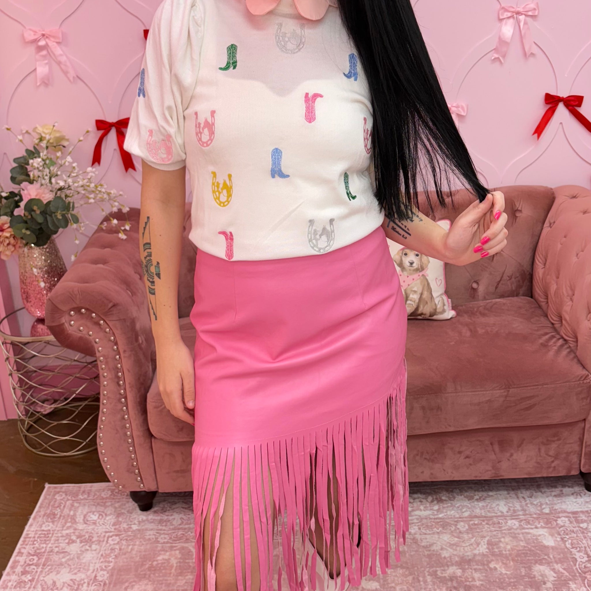 Faux Leather Fringe Knee Length Skirt