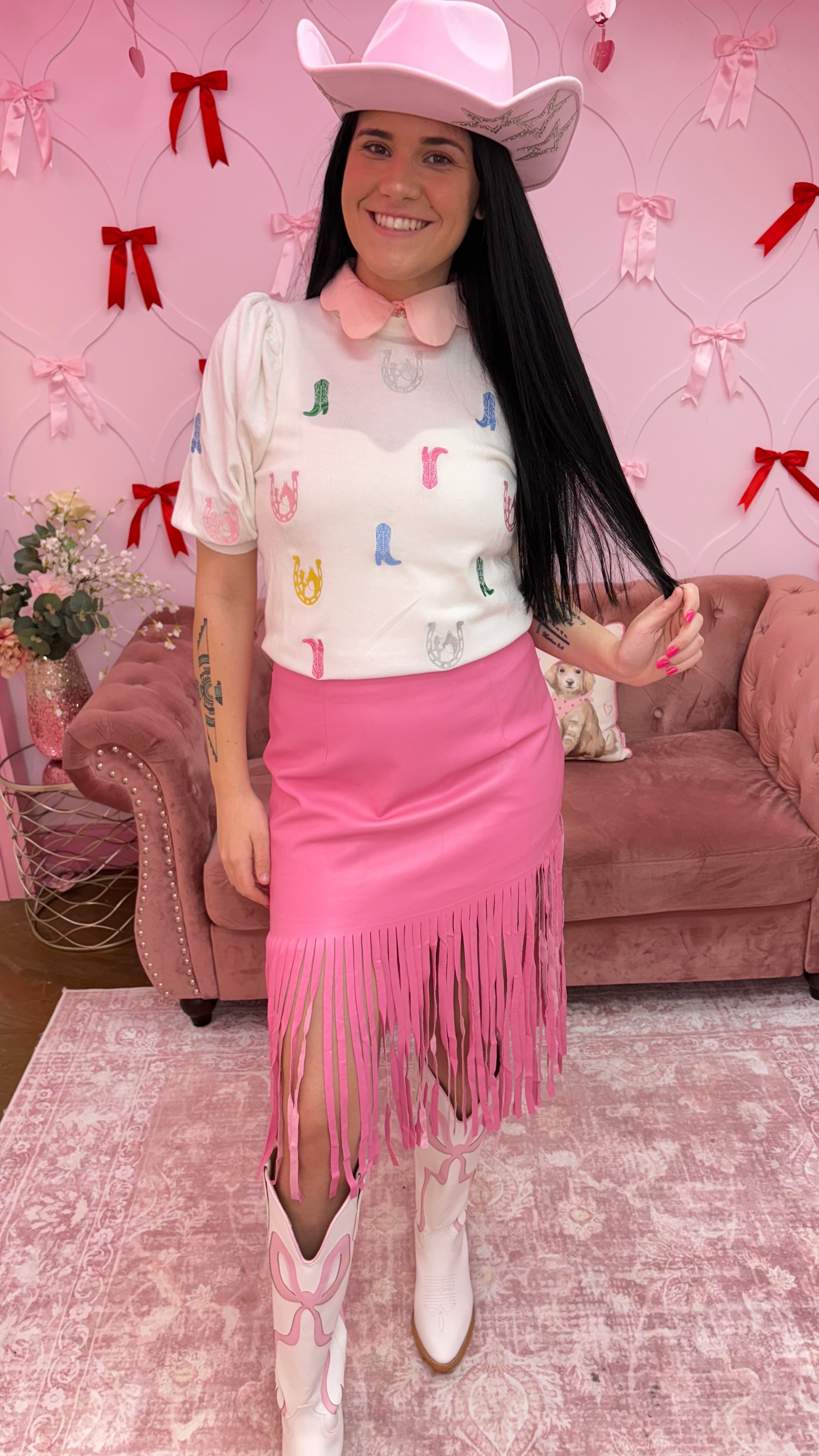 Faux Leather Fringe Knee Length Skirt