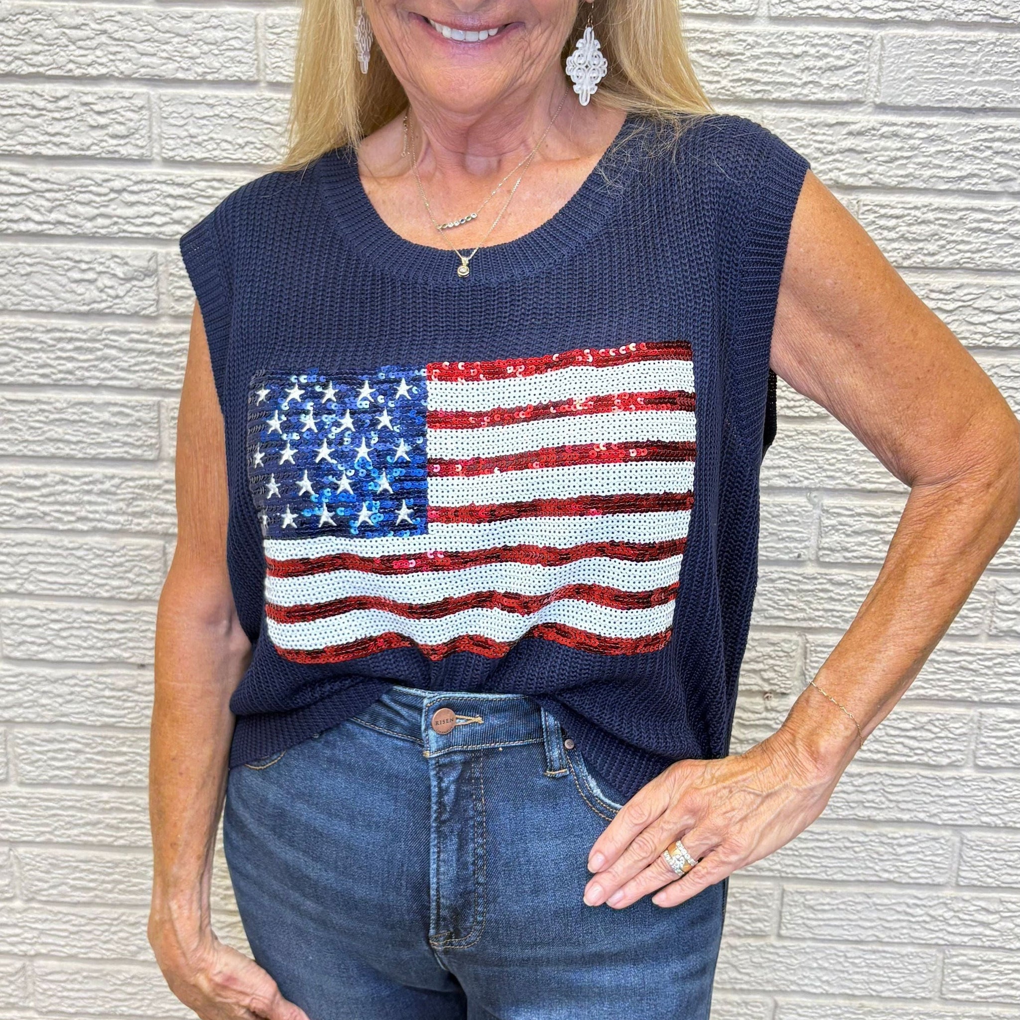 Star and Stripes American Flag Knit Top with Sequin- By Sweet Lovely