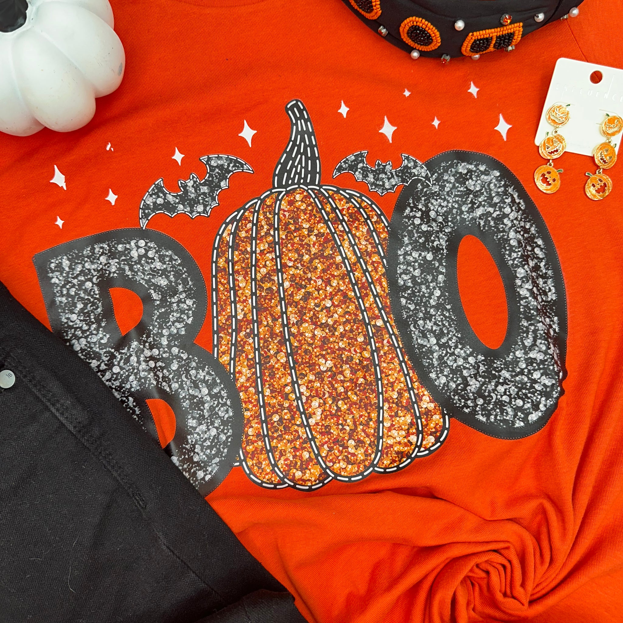 Boo Pumpkin Faux Sequin Graphic Tee