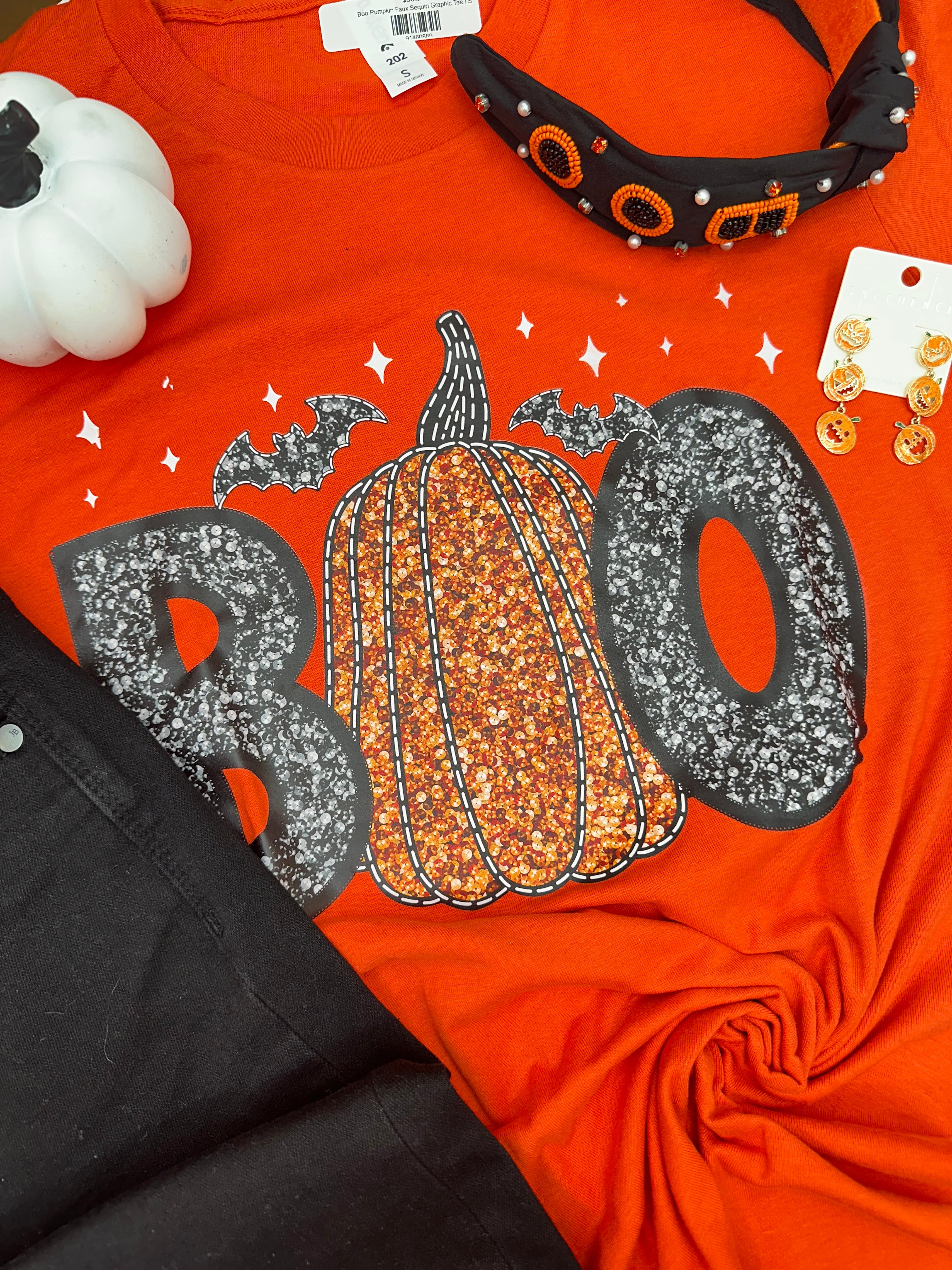 Boo Pumpkin Faux Sequin Graphic Tee