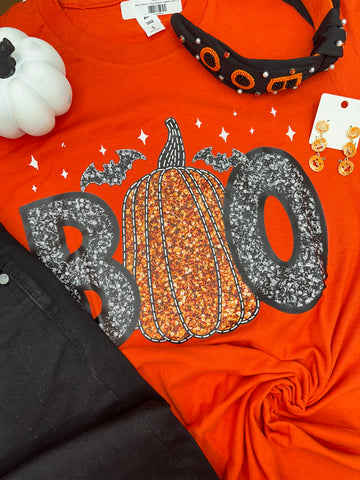 Boo Pumpkin Faux Sequin Graphic Tee