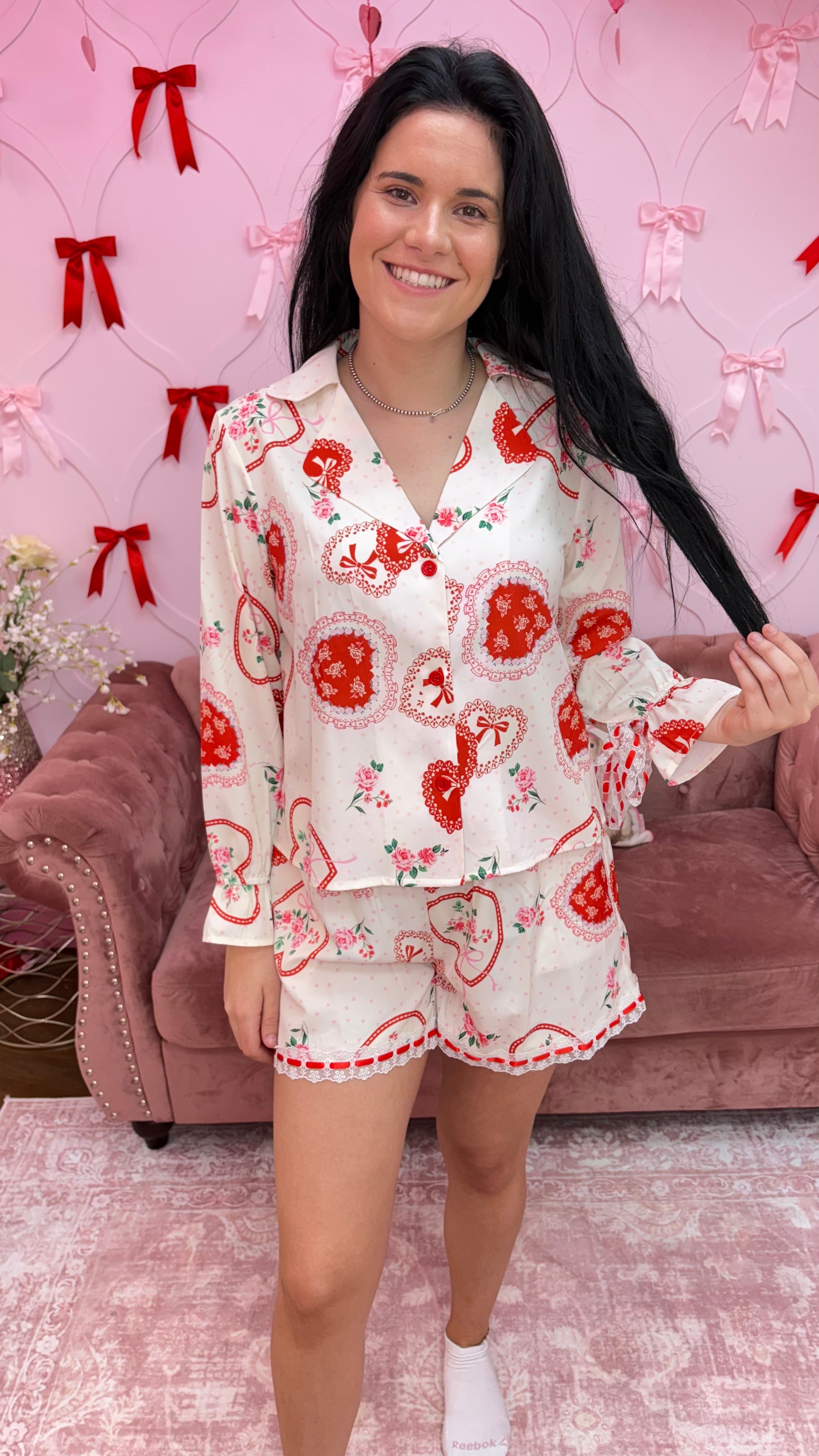 2pcs Set Heart Print Satin Pajama Top and Short