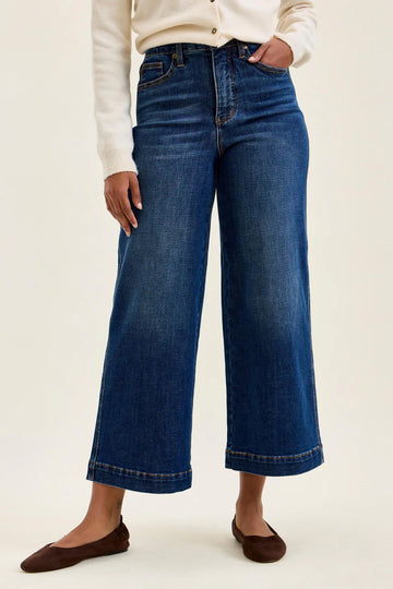 Judy Blue High Waist Tummy Control Deep Indigo Claudia Ankle Wide Leg Denim Jeans 881187