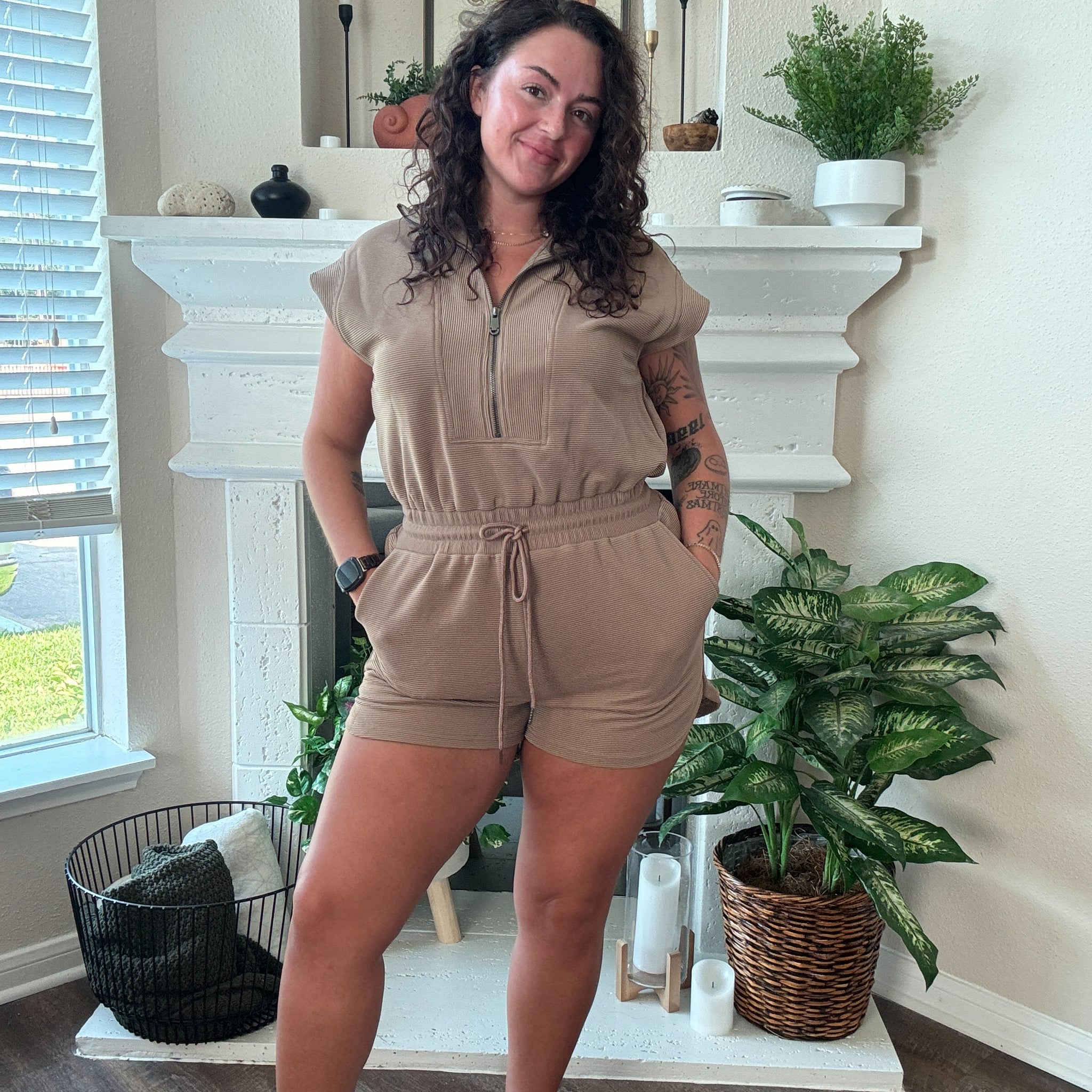 Solid Texture Collared Short Sleeve Romper