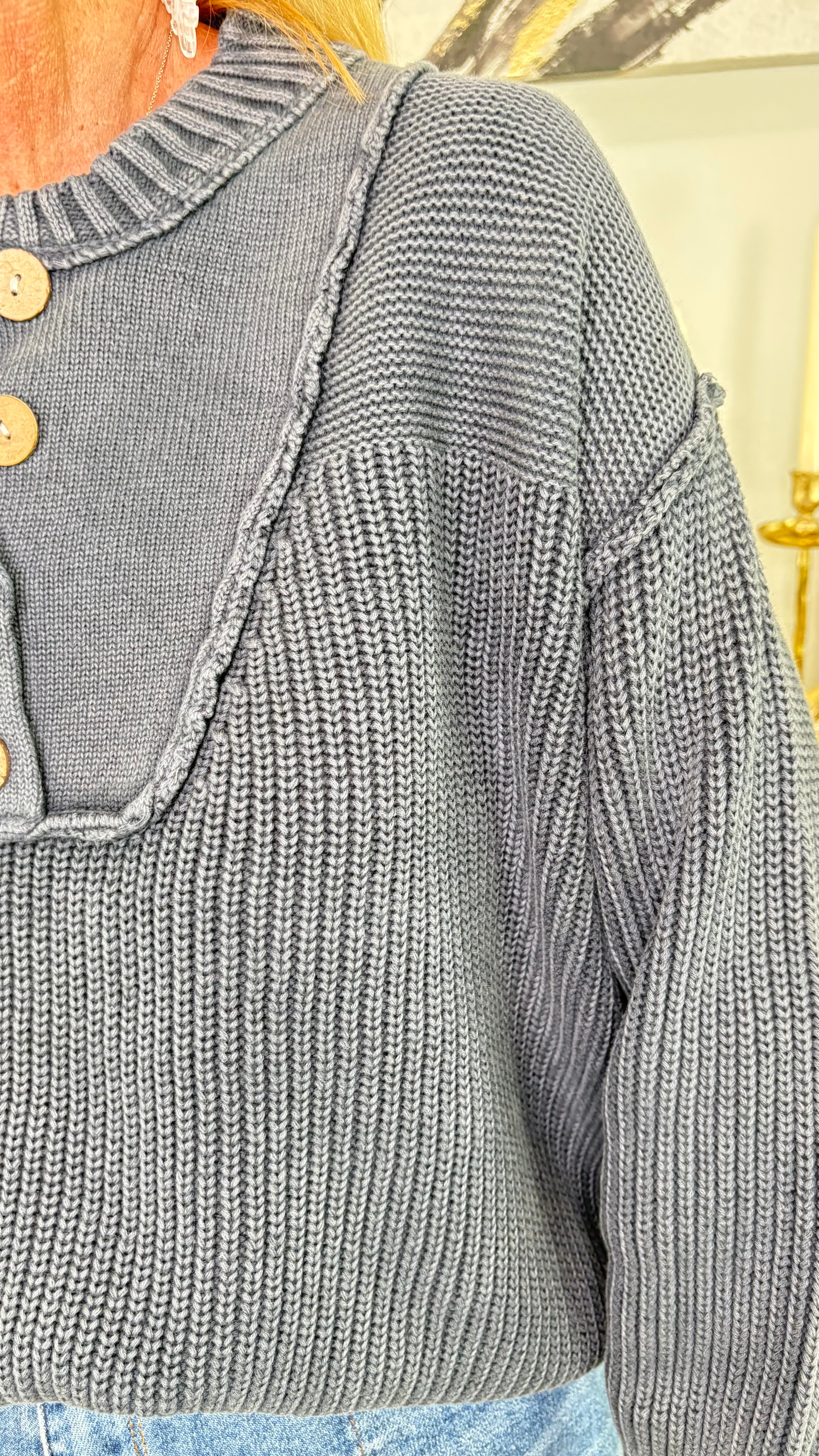 DG Half Button Front Long Sleeve Knit Pullover By Eesome