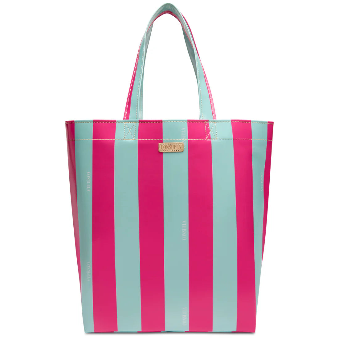 Bright pink and aqua striped tote bag made of waterproof material with dual handles, perfect for beach or shopping, featuring a beige logo patch - SKU: 12345