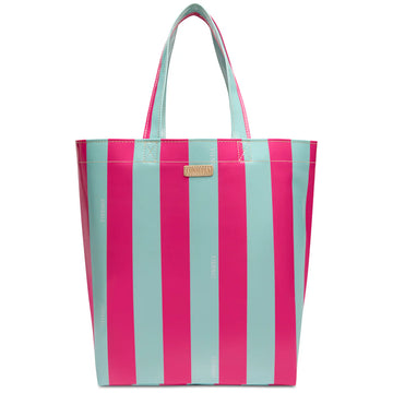 Bright pink and aqua striped tote bag made of waterproof material with dual handles, perfect for beach or shopping, featuring a beige logo patch - SKU: 12345