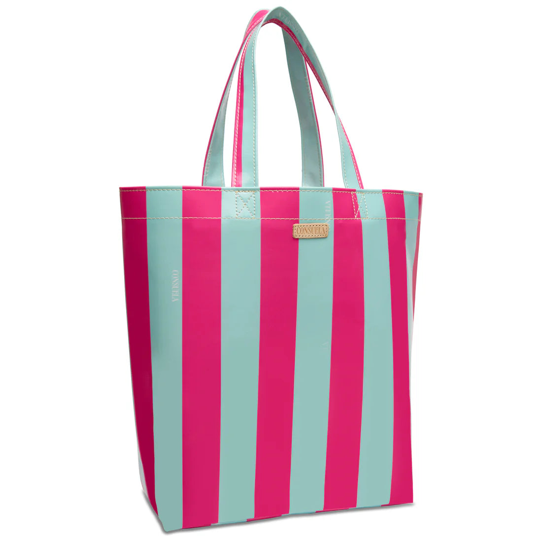 Bright pink and aqua striped tote bag made of durable material with shoulder straps, perfect for beach, shopping, or casual use - SKU: 12345