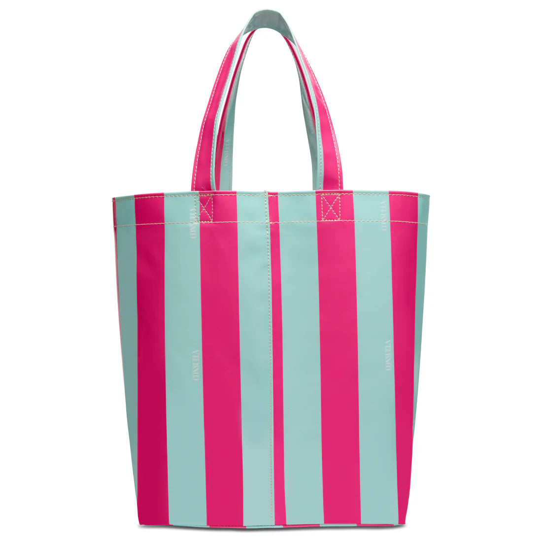 Bright pink and aqua striped tote bag made of durable material with sturdy handles, perfect for beach, shopping, or travel, SKU: 12345