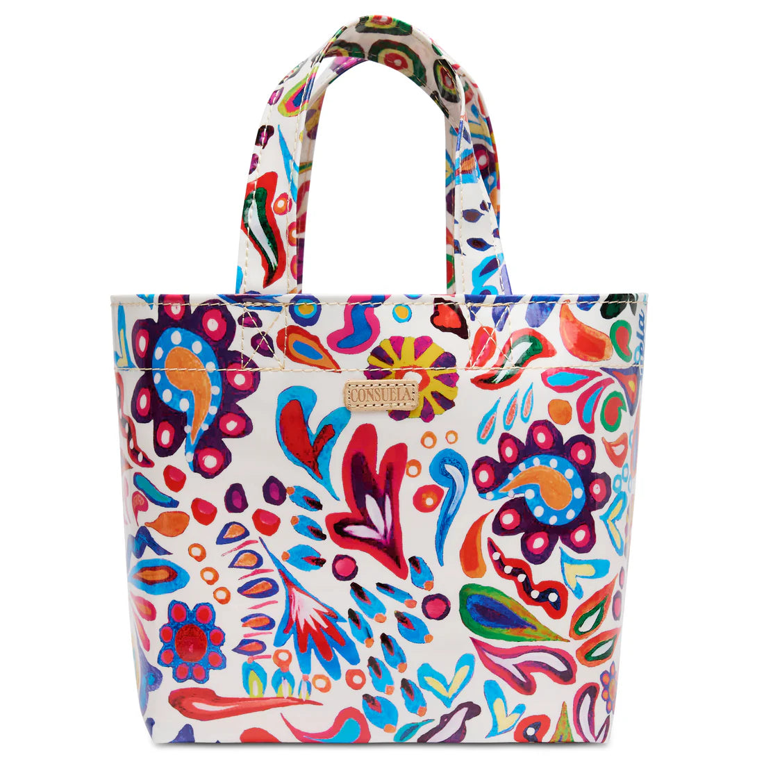 Colorful artist print tote bag with white background, vibrant floral and abstract patterns, dual handles, and Consuela logo tag