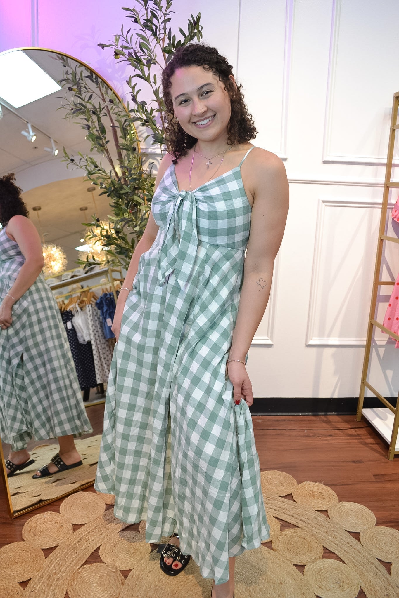 Green Gingham Bow Front Maxi Dress