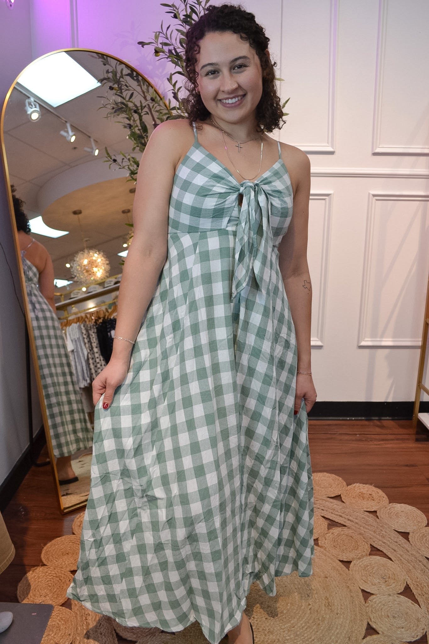 Green Gingham Bow Front Maxi Dress