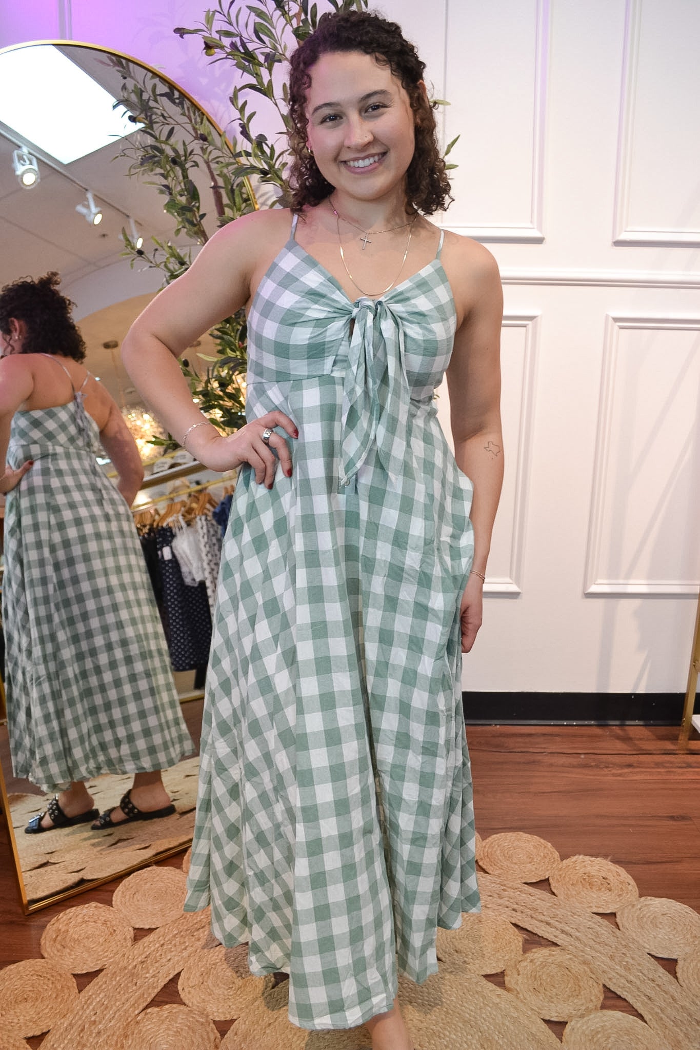 Green Gingham Bow Front Maxi Dress
