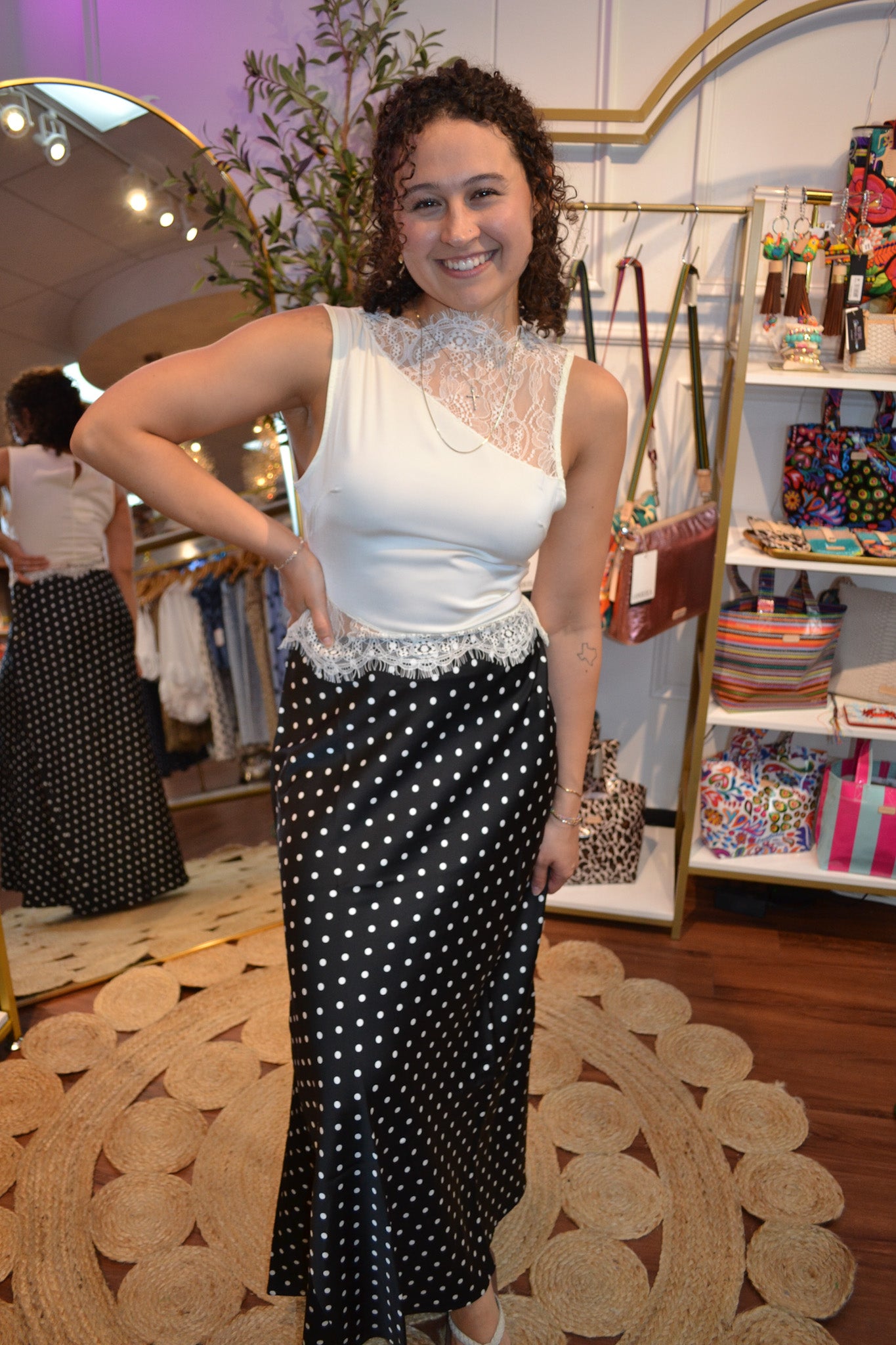 Women’s black satin miniskirt with white polkadot elegant slip skirt for any season 