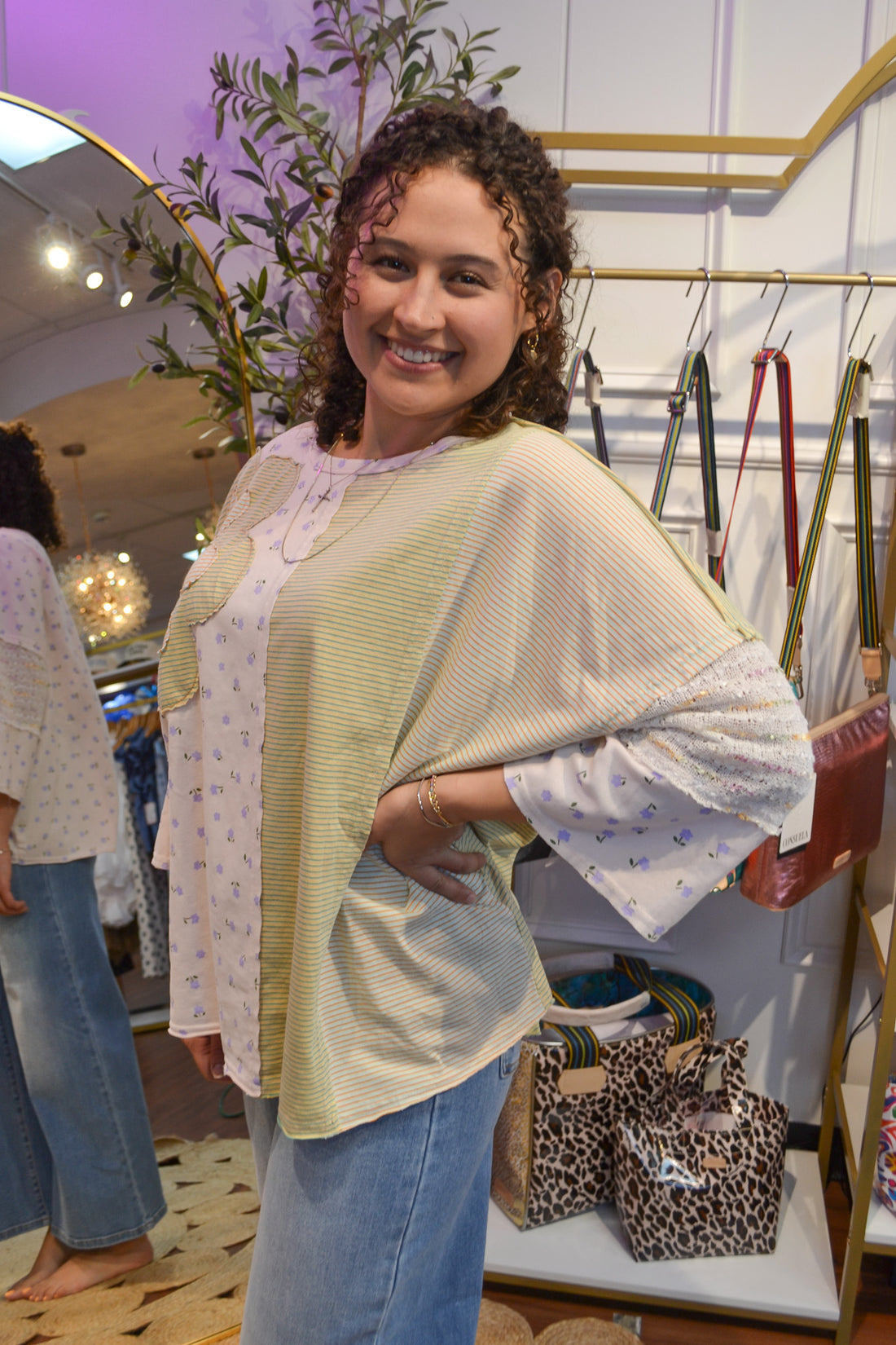 Oversized green and ivory patchwork tee with flowering detailing